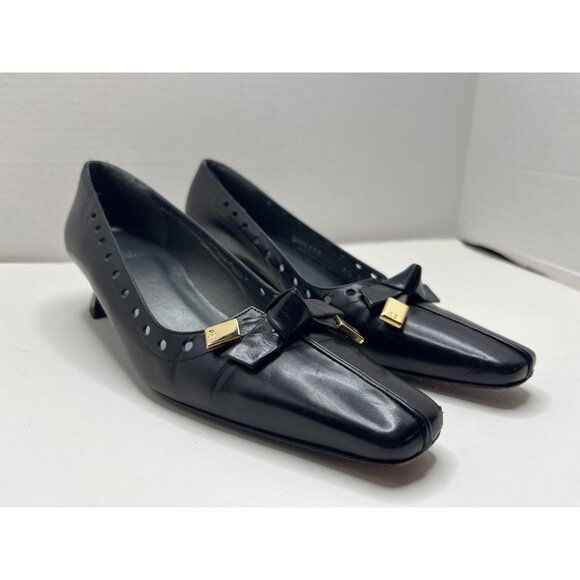 Stuart Weitzman Square Toe Leather Kitten Heel Bow Shoes Pump‎ Size 6.5 Black - Picture 1 of 9